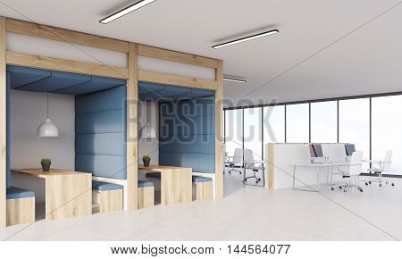 Dining area in office next to cubicles with computers. Panoramic windows. Concept of lunch break. 3d rendering