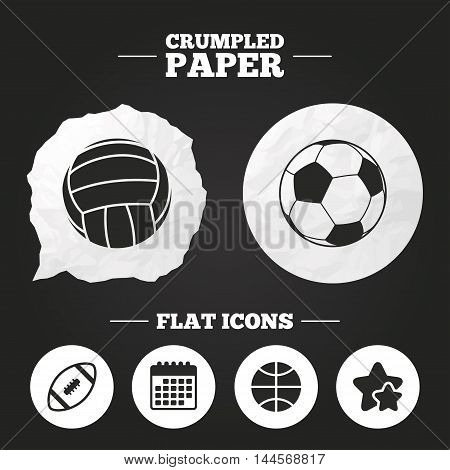 Crumpled paper speech bubble. Sport balls icons. Volleyball, Basketball, Soccer and American football signs. Team sport games. Paper button. Vector