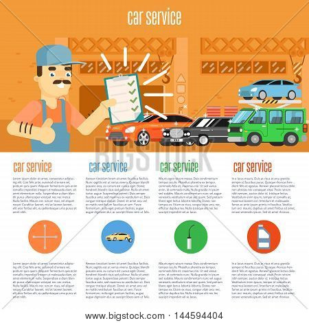 Infographics of scene presents workers in car service tire service and car repair vector illustration. Car repair service. Car service station. Service man. Car service background concept.