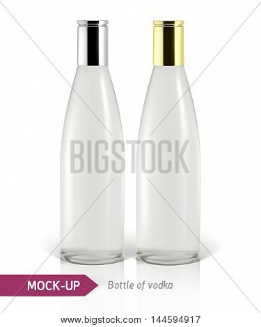 Realistic vodka bottle or other gin bottle. Mockup on a white background with shadow and reflection.