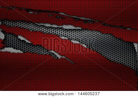 white and red carbon fiber tear on the black metallic mesh. background and texture. 3d illustration.