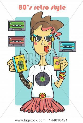 Cool 80s retro style girl with portable cassette player and music tapes
