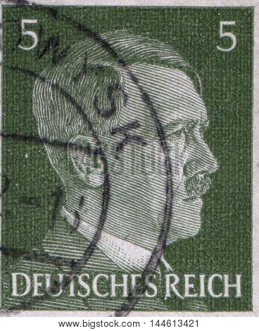 GERMANY - CIRCA 1942: A stamp printed in Germany shows portrait of Adolf Hitler, circa 1942.