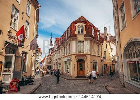 TALLINN ESTONIA - JUNE 30 2013: Lovely house on the longest Pikk street of the old town of Tallinn