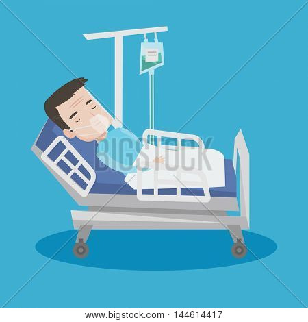 An adult man lying in hospital bed with oxygen mask. Man during medical procedure with drop counter. Patient recovering in bed in hospital. Vector flat design illustration. Square layout.