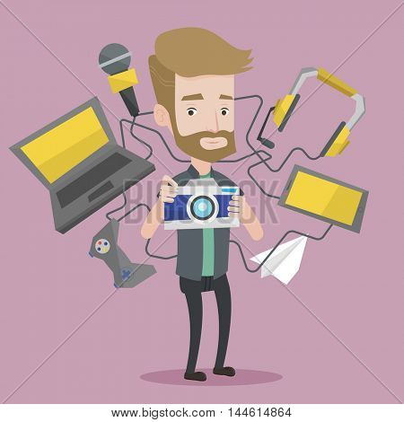 A hipster man taking photo with digital camera. Young man surrounded with gadgets. Man using many electronic gadgets. Man addicted to modern gadgets. Vector flat design illustration. Square layout.
