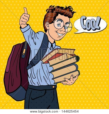 Back to School - Happy Schoolboy with Backpack and Books Gesturing Great. Pop Art Vector illustration