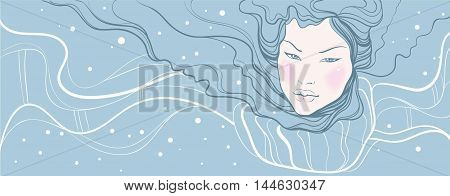 A girl on a background of snowflakes and white pattern of the smooth lines in a scarf.