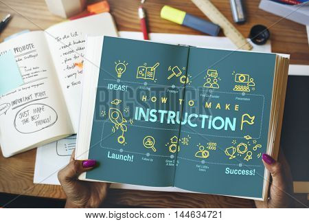 Instruction Document Guidebook Handbook Help Concept