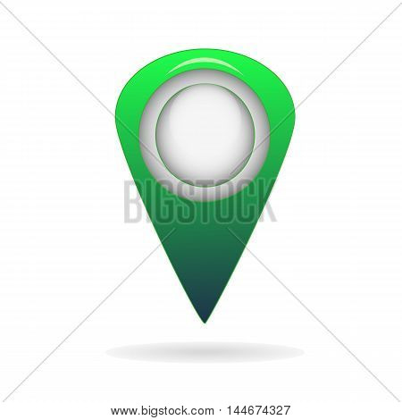 Green geo pin as logo with copy space on white. Geolocation and navigation. Icon for mobile and electronic devices, web design, infographic elements, presentation templates.