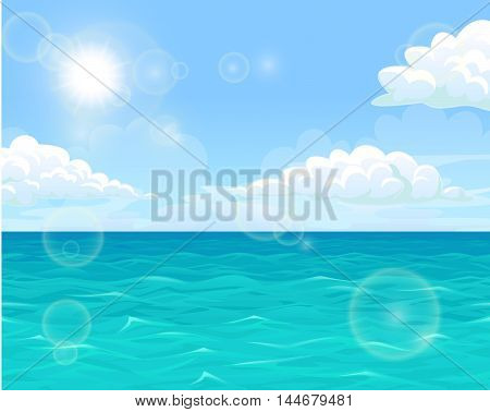 Sea water of the ocean against the blue sky and the sun. Horizontal landscape background of summer mood. Vector illustration.