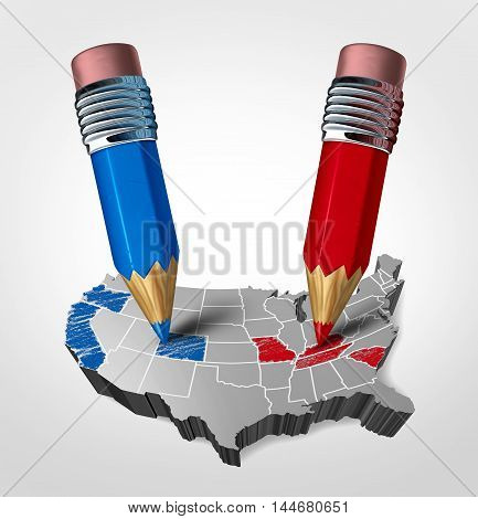 Blue and red states concept as an American election fight as republican versus democrat represented by two pencils coloring the states as a symbol for the vote of the United states presidential and government seat as a 3D illustration.