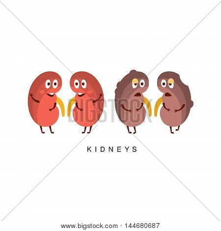Healthy vs Unhealthy Kidneys Infographic Illustration.Humanized Human Organs Childish Cartoon Characters On White Background