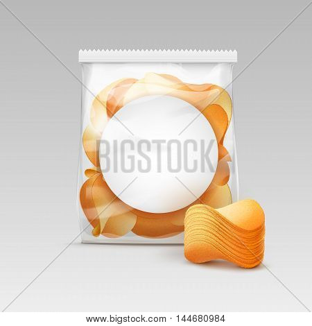 Vector White Vertical Sealed Transparent Plastic Bag for Package Design with Stack of Potato Crispy Chips Close up Isolated on White Background