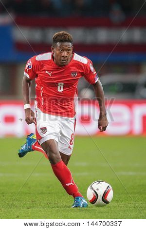 VIENNA, AUSTRIA - SEPTEMBER 5, 2015: David Alaba (Austria) kicks the ball in an European Championship qualification game.
