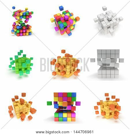 Abstract 3d cubes. set Composition of 3d cubes. Background design for banner poster flyer card cover brochure. Logo design. 3d render illustration isolated on white. Cubes block collection.
