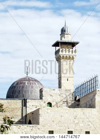 Jerusalem Israel - December 2 2012: Minaret and dome of Al-Aqsa Mosque in the old city.