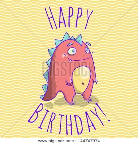 Happy Birthday card template for children with funny dinosaur character. vector illustration.