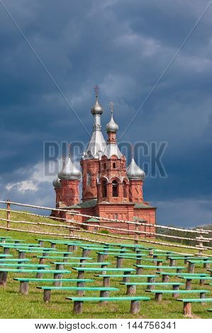 TVER OBLAST RUSSIA - JUNE 02, 2016: Olgas ancient orthodox church of the 17th century at the source of Volga river Tver oblast Russia in June 2016