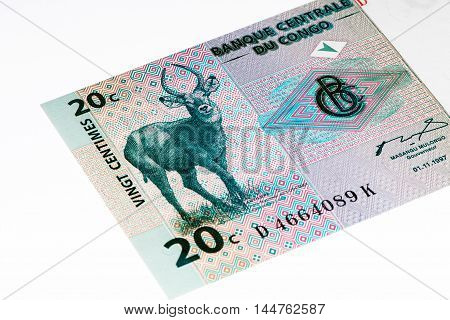 20 centimes bank note of Congo. Centimes on of the currencies of Congo