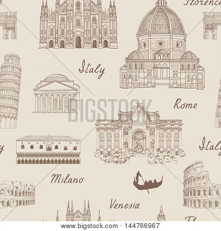 Travel Tiled Background. Italy Famous Landmark Seamless Pattern. Italian City Architectura Travel Sk