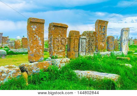 The medieval preserved khachkars at historic cemetery in Noratus are covered with orange lichen and moss Gegharkunik Province Armenia.