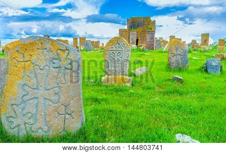 The oldest khachkars at Noratus Cemetery date back to 10th century and have primitive patterns Gegharkunik Province Armenia.