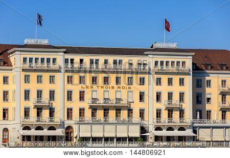 Basel, Switzerland - 27 August, 2016: Grand Hotel Les Trois Rois building facade. Grand Hotel Les Trois Rois (English: Hotel of the Three Kings) is a luxurious 5-star hotel in the Swiss city of Basel.
