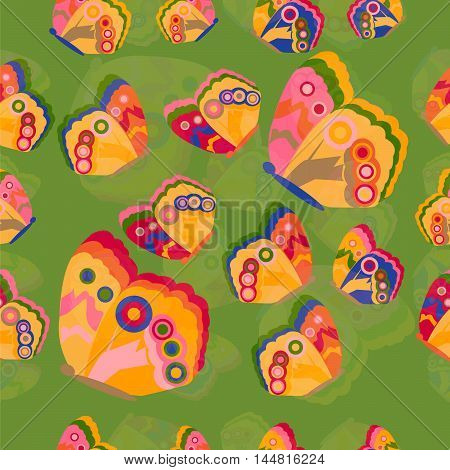 Bright and colorful butterflies seamless pattern with green background