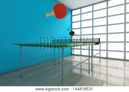 Ping-pong Tennis Table with Paddles against a blank blue wall in room. 3d Rendering