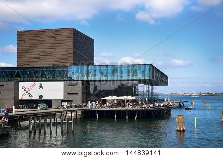 COPENHAGEN DENMARK - AUGUST 15 2016: The Royal Danish Playhouse (Skuespilhuset) is a National Theater on the harbour building designed by Lundgaard Tranberg in Copenhagen Denmark on August 15 2016.