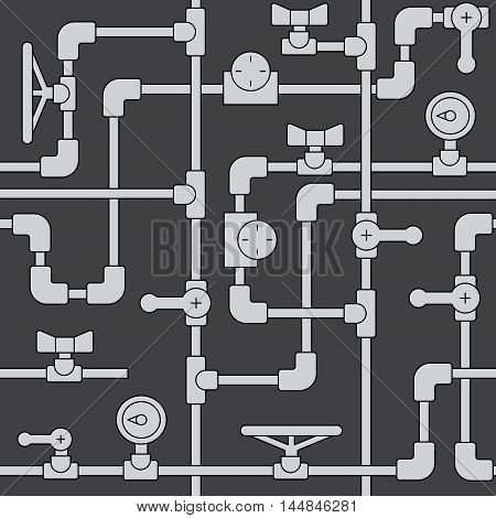 Simles background Pattern consisting of metal or plastic pipes with valves, pressure gauges, plugs, pumps, painted in a flat, outline, linear style