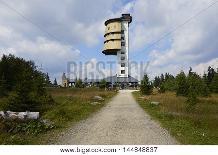 National Park Sumava, Czech Republic - AUGUST 28, 2016 - Polednik viewing tower, Meridian hill, the Bohemian Forest. Forests around the destroyed during the storm Kyrill.