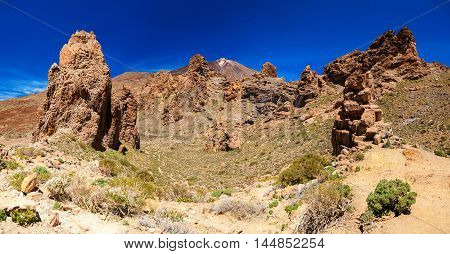 panoramic view of Los Roques de Garcia and Teide volcano are located in the Plain of Ucanca Tenerife Spain