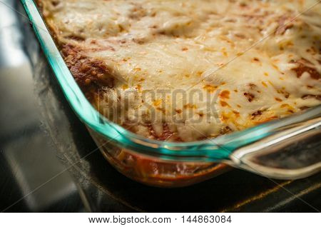 Close up delicious stuffed manicotti lasagna with mozzarella on top
