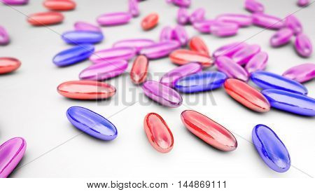 Mixture of pills, 3D illustration. Can be used in pharmacology and medicine