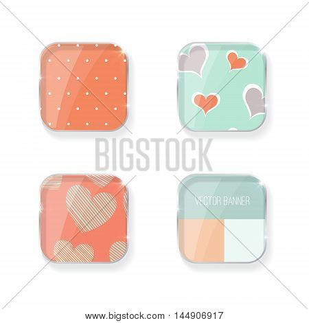 Vector banners set. glass elements. gray and pink color. Vector label with a glass surface. background with hearts