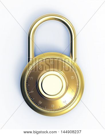 Illustration of Gold 3D locked combination pad lock on a white background