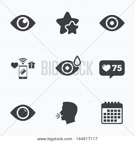Eye icons. Water drops in the eye symbols. Red eye effect signs. Flat talking head, calendar icons. Stars, like counter icons. Vector