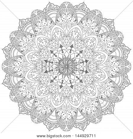 Mandala, circular ornament with stars, month, fire and flowers