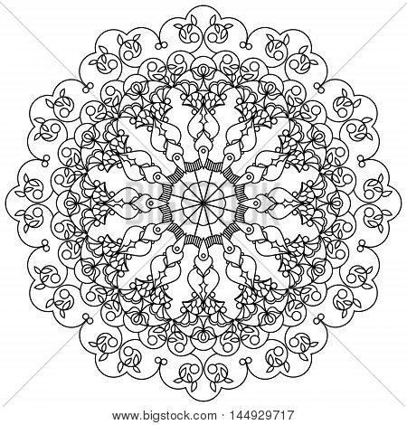 Mandala, circular ornament using the leaves, berries and flowers in the Oriental style