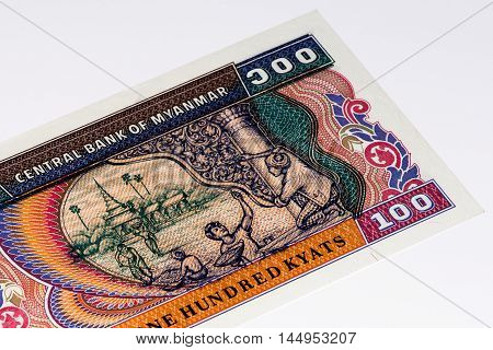 100 kyats bank note. Kyat is the national currency of Myanmar