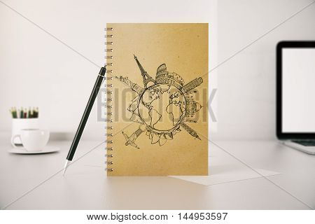 Workplace with travel sketch in spiral notepad. 3D Renering
