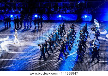 MOSCOW RUSSIA - AUGUST 26 2016: Spasskaya Tower international military music festival. The Honor Guard and the Band of the Presidential Regiment 