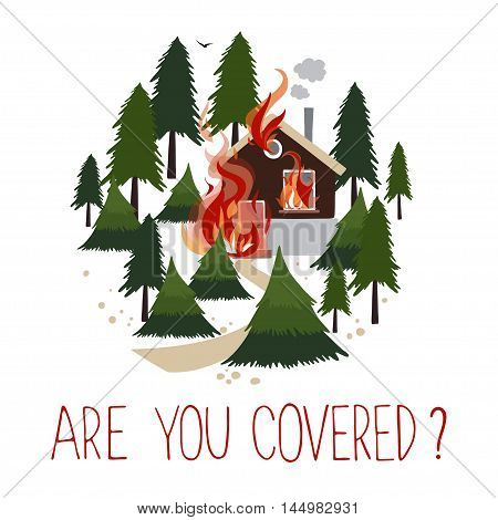 Wild fire in a forest. Burning house. Icon for advertising insurance. Vector illustration.