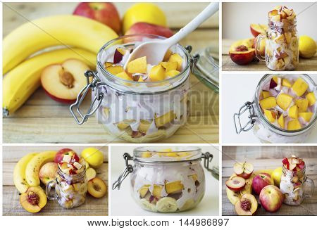Collage with fruit salad mixed with yogurt. Variety of fruits - banana apple plum peach nectarine lemon - on wooden background