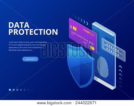 Isometric Personal Data Protection Web Banner Concept. Cyber Security And Privacy. Traffic Encryptio