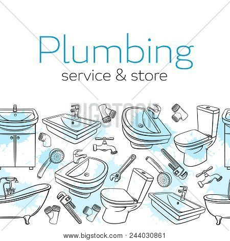 Plumbing Seamless Border. Hand Drawn Shower, Bathroom Sink, Toilet, Sanitary Wrench And Tap For Hous