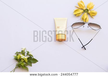 Sunscreen Spf50 With Sunglasses Accessories Of Lifestyle Woman Relax Summer On Background White