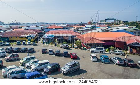 Labuan,malaysia-june 7,2018:aerial View Of Cars Parking In Area Carpark Water Village Known As Patau
